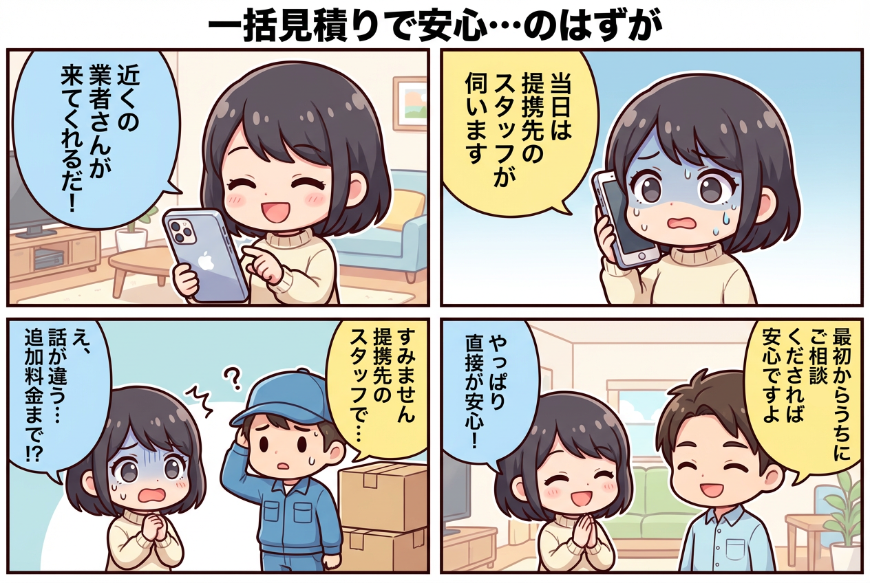 一括見積りの不安を漫画で解説 - 赤帽三洋運輸なら直接相談で安心